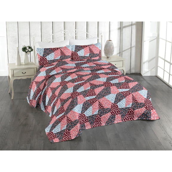 Ambesonne Daisy Quilted Bedspread Set 3 Pcs, Springtime Chamomile Pattern, Queen, Pastel Pink and Sea Blue