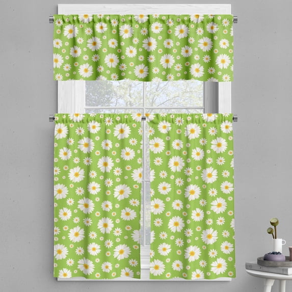 Ambesonne Daisy Valance & Curtain, Chamomile Bloom on Pale Green, 55"x30", Pale Green Off White