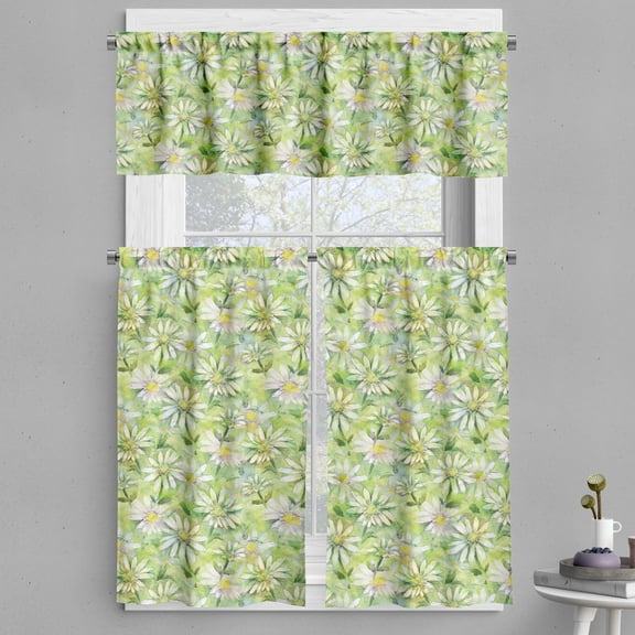 Ambesonne Daisy Valance & Curtain, Chamomile Meadow Watercolor, 55"x30", Pastel Green Yellow