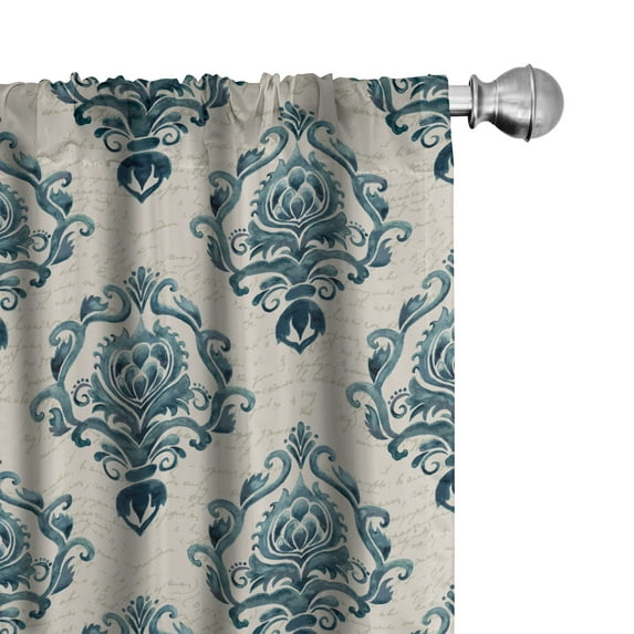Ambesonne Damask Window Curtains, Nostalgic Baroque Blooms, Each 28" W x 95" L, Tan Petrol Blue