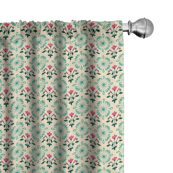 Ambesonne Damask Window Curtains, Oriental Culture Flowers, Each 28" W x 84" L, Dark Green Turquoise