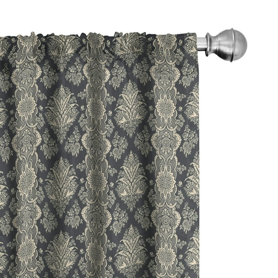 Ambesonne Damask Window Curtains, Victorian Baroque Style, Each 28" W x 95" L, Charcoal Grey Cream
