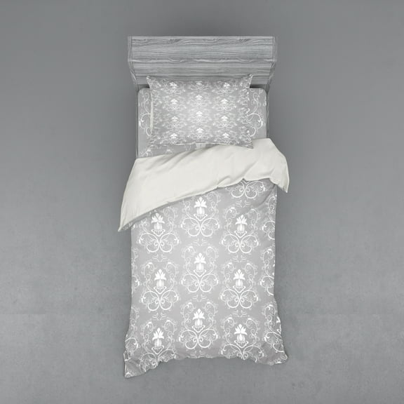 Ambesonne Damask Bedding Set 3 Pcs, Antique Damask Royal, Twin XL, Grey and White