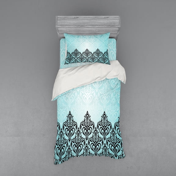 Ambesonne Damask Bedding Set 3 Pcs, Antique Victorian Motif, Twin XL, Black Blue