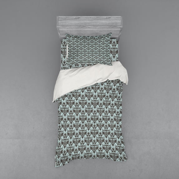 Ambesonne Damask Bedding Set 3 Pcs, Damask Shapes Motif, Twin XL, Teal Brown