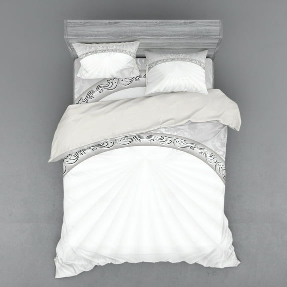 Ambesonne Damask Bedding Set 4 Pcs, Abstract Retro Ornaments, Queen, Pale Grey White