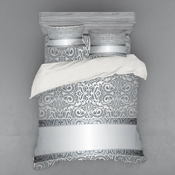 Ambesonne Damask Bedding Set 4 Pcs, Baroque Damask Curves, Queen, Grey Pale Grey