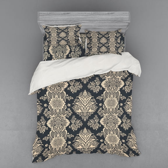 Ambesonne Damask Bedding Set 4 Pcs, Victorian Baroque Style, Queen, Charcoal Grey Cream