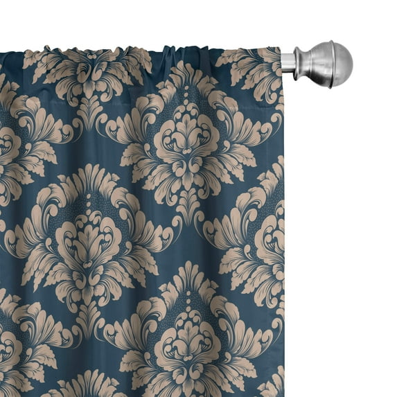 Ambesonne Damask Curtains, Boho Flowers Vintage Leafy, Pair of 28"x63", Dark Slate Blue and Ecru