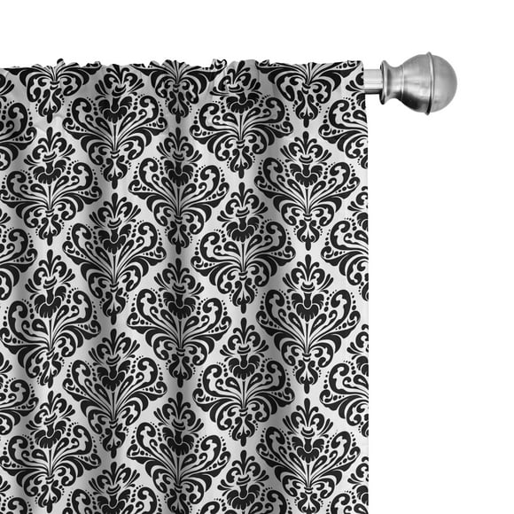 Ambesonne Damask Curtains, Old Blossom with Curves, Pair of 28"x84", Black White