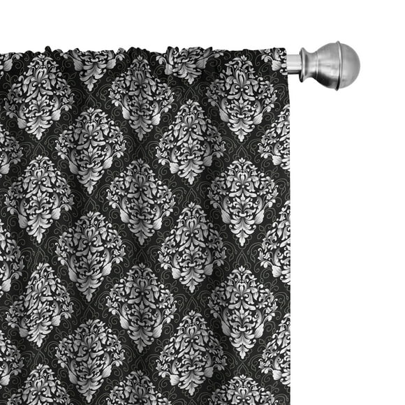 Ambesonne Damask Curtains, Timeless Foliage Leaves, Pair of 28"x63", Grey Black and White