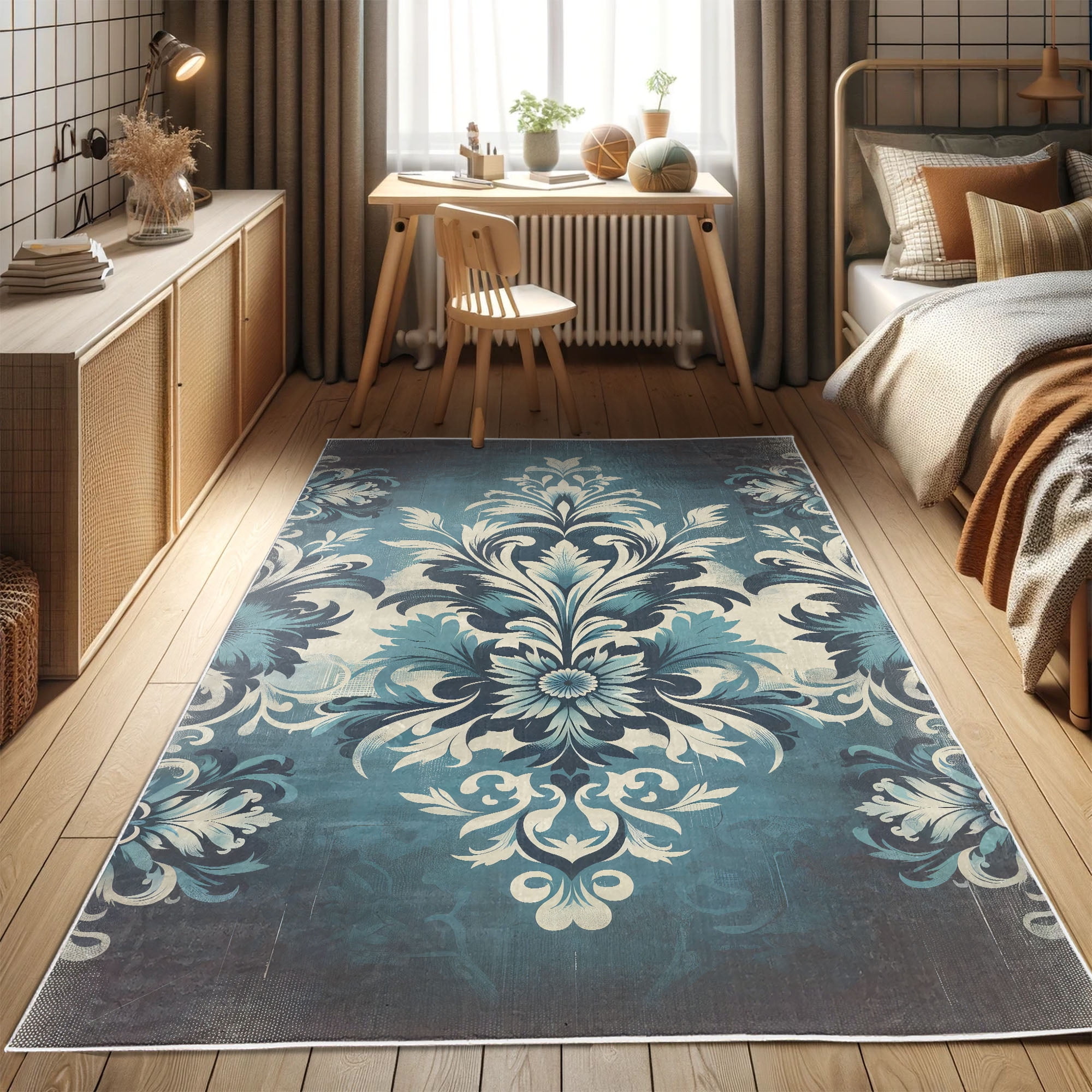 Sea Blue and Dark Purple Damask Synthetic Area Rug