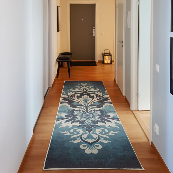 Ambesonne Damask Decorative Rug Carpet, Classic Rococo Style Leaves, 2' 5" x 7' 5", Sea Blue Dark Purple Grey