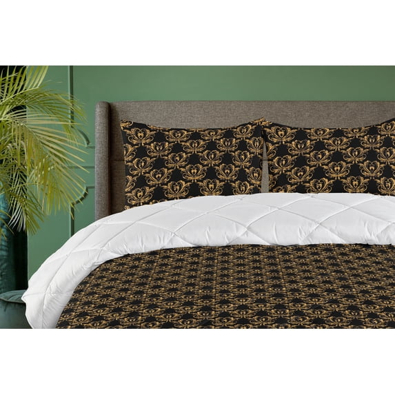 Ambesonne Damask Down Alternative Quilt Comforter, Vintage Floral Motif Hearts, Twin XL, Charcoal Grey and Marigold