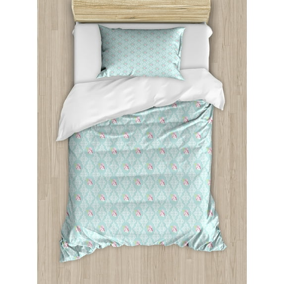 Ambesonne Damask Duvet Cover Sets, Intricate Pastel Flowers, 2-Twin, Blue Grey Multicolor