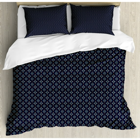 Ambesonne Damask Duvet Cover Sets, Middle Eastern Swirly Art, 2-Queen, Indigo Dark Khaki