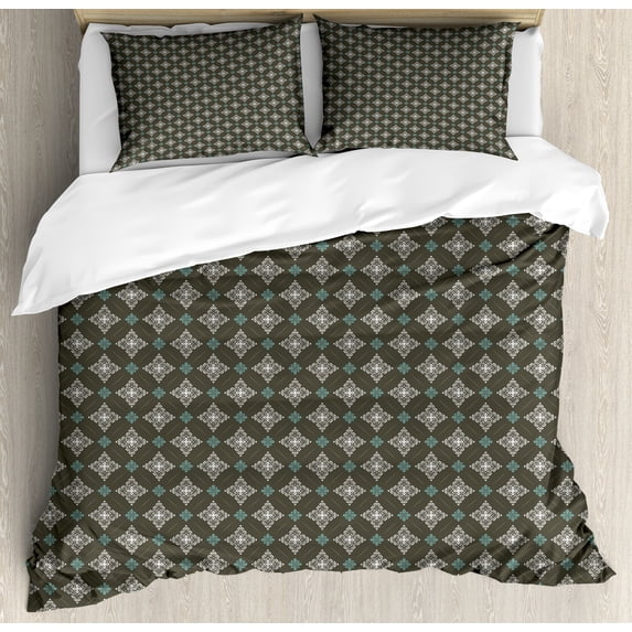 Ambesonne Damask Duvet Cover Sets, Symmetrical Victorian Rococo, 2-Queen, Army Green and White