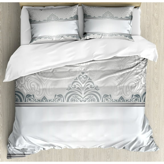 Ambesonne Damask Duvet Cover Sets, Vintage Rich Flowers, 2-Queen, Grey Bluegrey White