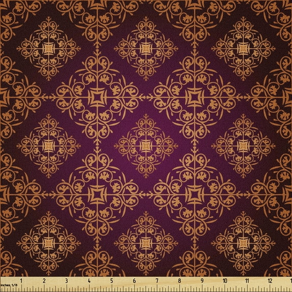 Ambesonne Damask Fabric by the Yard Microfiber, Abstract Victorian Style, 1 Yard, Orange Magenta Black