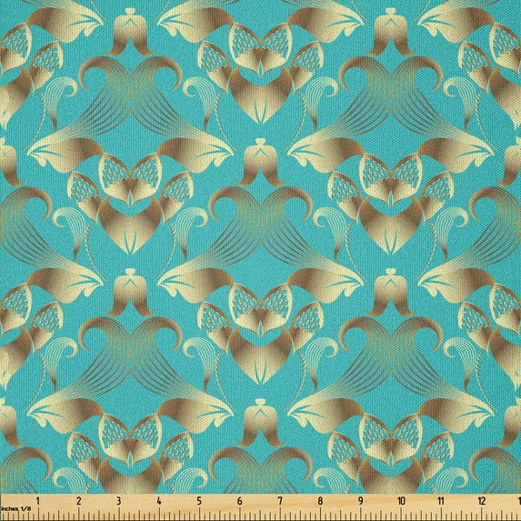 Ambesonne Damask Fabric by the Yard Microfiber, Abstract Vintage Old Look, 2 Yards, Turquoise Sepia