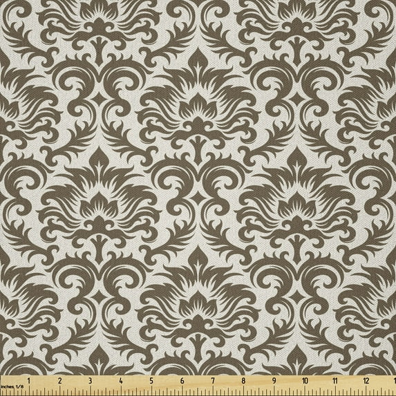 Ambesonne Damask Fabric by the Yard Microfiber, Antique Victorian Floral, 1 Yard, Army Green Cream