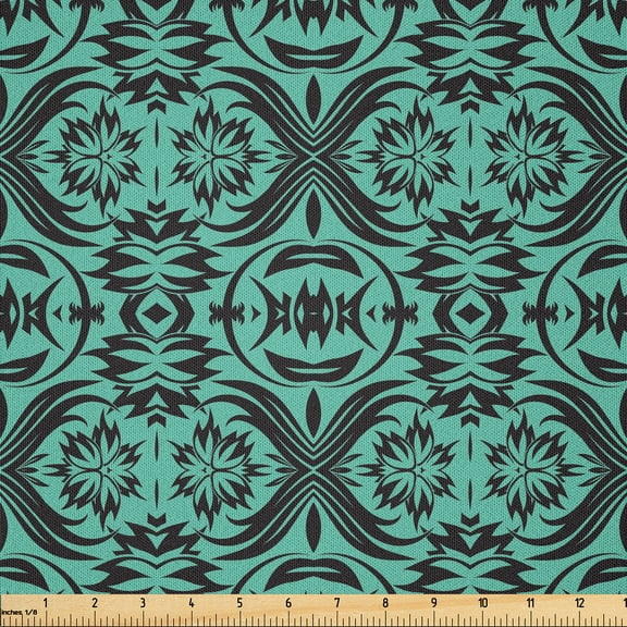 Ambesonne Damask Fabric by the Yard Microfiber, Baroque Style Foliage Motif, 1 Yard, Sea Green and Black