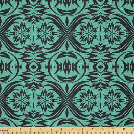 Ambesonne Damask Fabric by the Yard Microfiber, Baroque Style Foliage Motif, 3 Yards, Sea Green and Black
