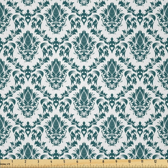 Ambesonne Damask Fabric by the Yard Microfiber, Baroque Vintage Boho, 5 Yards, Green White