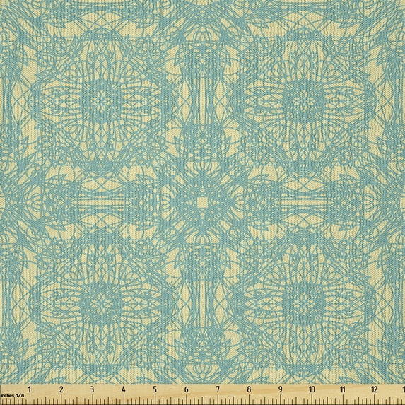 Ambesonne Damask Fabric by the Yard Microfiber, Modernized Antique Damask, 5 Yards, Pale Teal and Cream