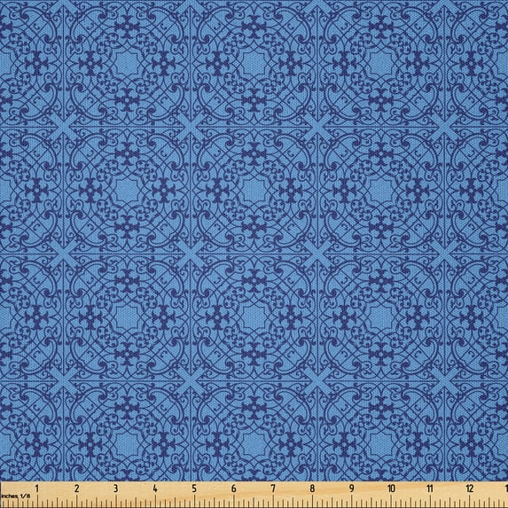 Ambesonne Damask Fabric by the Yard Microfiber, Oriental Oceanic Floral Art, 1 Yard, Azure Blue and Violet