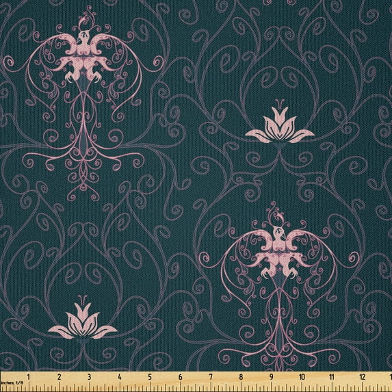 Ambesonne Damask Fabric by the Yard Microfiber, Pink Oriental Royal Curls, 2 Yards, Dark Petrol Blue and Pink