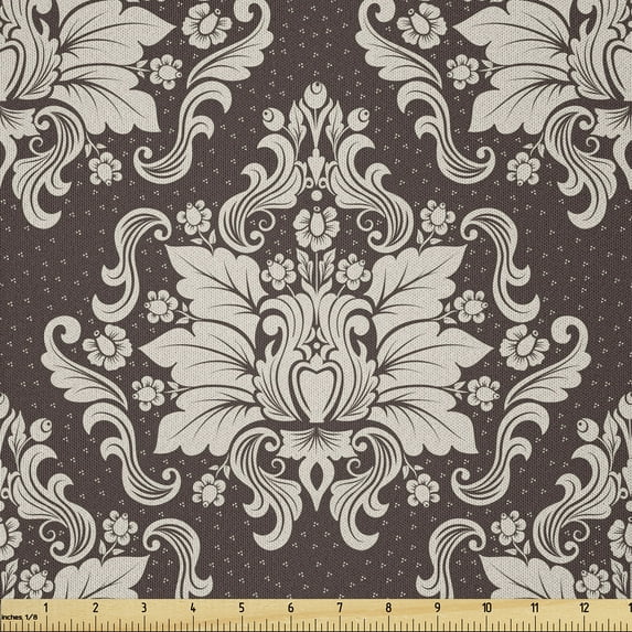 Ambesonne Damask Fabric by the Yard Microfiber, Victorian Blooming Foliage, 2 Yards, Brown and Beige