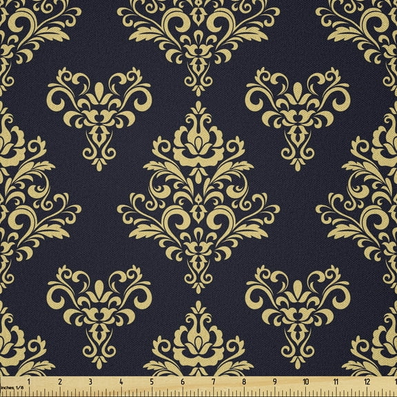 Ambesonne Damask Fabric by the Yard Microfiber, Yellowish Floral Pattern, 1 Yard, Pale Mustard and Indigo