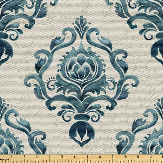 Ambesonne Damask Fabric by the Yard Upholstery, Nostalgic Baroque Blooms, 2 Yards, Tan Petrol Blue