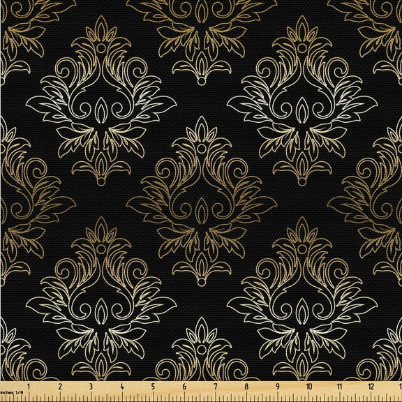 Ambesonne Damask Fabric by the Yard Upholstery, Oriental Floral Boho Design, 10 Yards, Charcoal Grey Amber