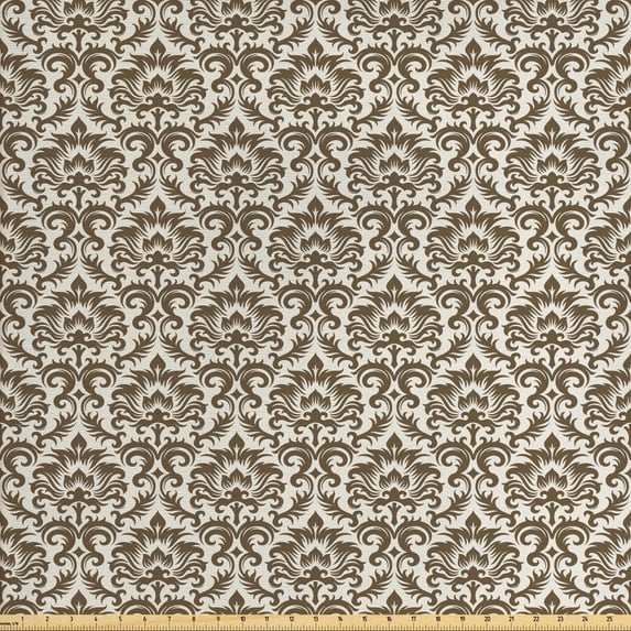 Ambesonne Damask Fabric by the Yard Upholstery, Antique Victorian Floral, 3 Yards, Army Green Cream