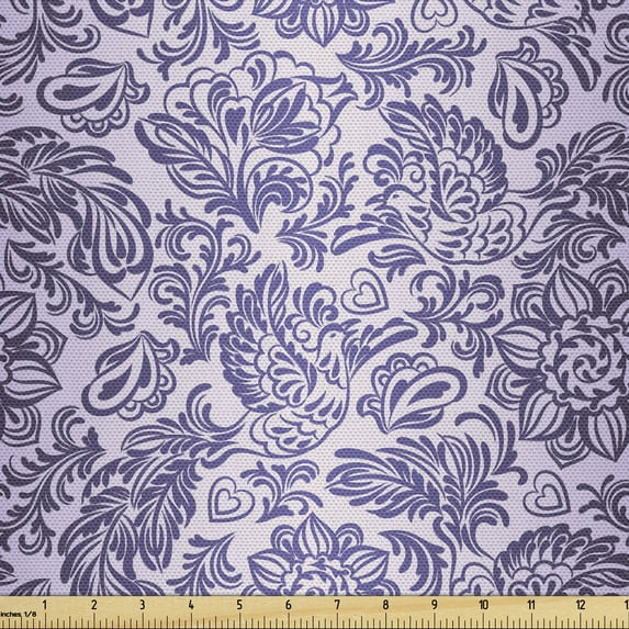 Ambesonne Damask Fabric by the Yard Upholstery, Baroque Flower Bird Motifs, 3 Yards, Lilac and Blue Violet