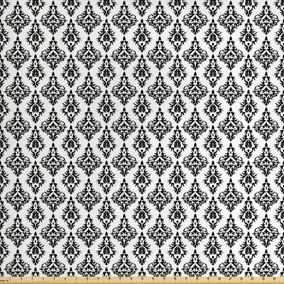 Ambesonne Damask Fabric by the Yard Upholstery, Black and White Baroque, 2 Yards, Black White