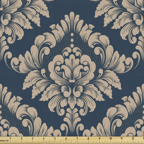 Ambesonne Damask Fabric by the Yard Upholstery, Boho Flowers Vintage Leafy, 5 Yards, Dark Slate Blue and Ecru