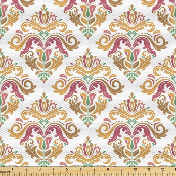 Ambesonne Damask Fabric by the Yard Upholstery, Colorful Vintage Floral Art, 2 Yards, Apricot Mauve Taupe White