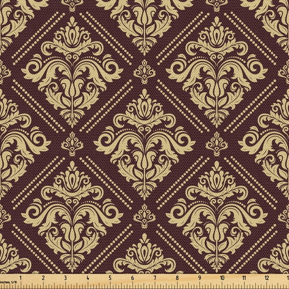 Ambesonne Damask Fabric by the Yard Upholstery, Cream Boho Vintage Floral, 1 Yard, Dark Maroon Pale Camel