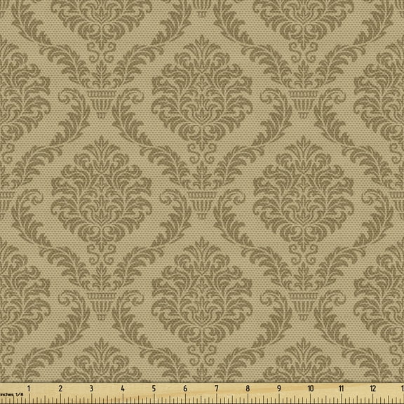 Ambesonne Damask Fabric by the Yard Upholstery, Eastern Soft Flowers, 1 Yard, Khaki