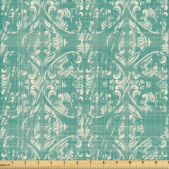 Ambesonne Damask Fabric by the Yard Upholstery, Flowers Motif Vintage Print, 2 Yards, Seafoam and Ivory