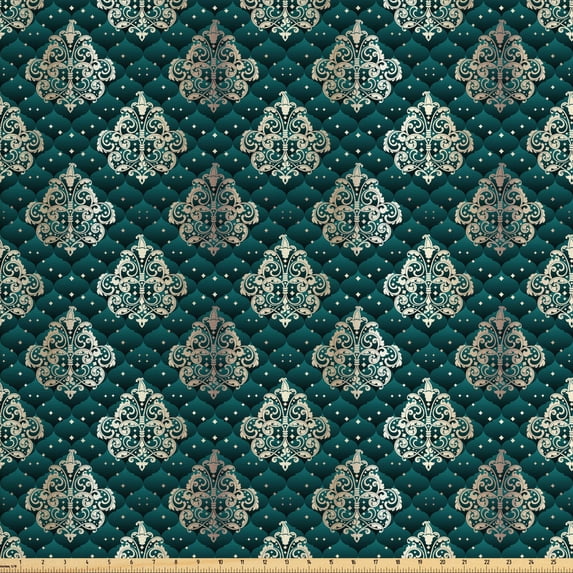 Ambesonne Damask Fabric by the Yard Upholstery, French Rococo Motifs, 10 Yards, Dark Teal Eggshell