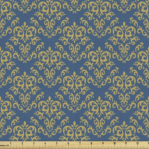 Ambesonne Damask Fabric by the Yard Upholstery, Italian Ornament Composition, 2 Yards, Dark Sky Blue Khaki