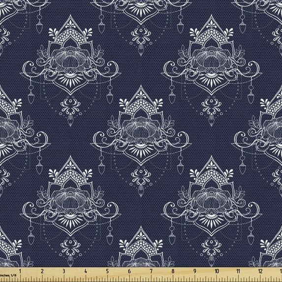 Ambesonne Damask Fabric by the Yard Upholstery, Lotus Flower Boho Pattern, 2 Yards, Indigo White