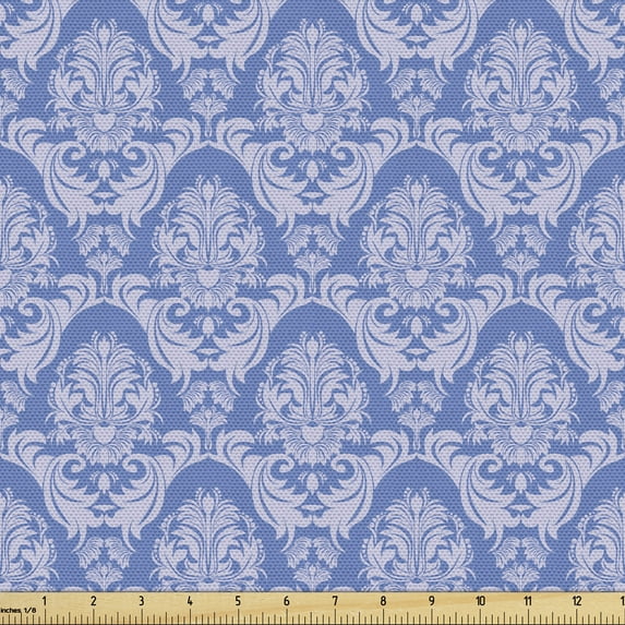 Ambesonne Damask Fabric by the Yard Upholstery, Modernized Romantic, 2 Yards, Azure Blue Pastel Purple