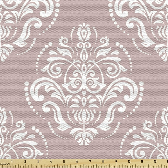 Ambesonne Damask Fabric by the Yard Upholstery, Monochrome Oriental Motifs, 2 Yards, Pale Salmon White