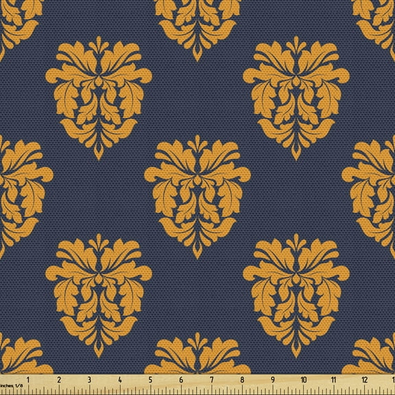 Ambesonne Damask Fabric by the Yard Upholstery, Old Eastern Floral Motifs, 2 Yards, Dark Blue Marigold