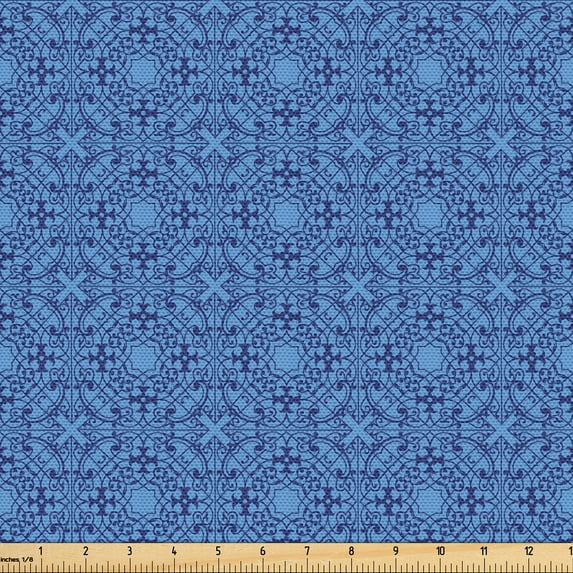 Ambesonne Damask Fabric by the Yard Upholstery, Oriental Oceanic Floral Art, 3 Yards, Azure Blue and Violet